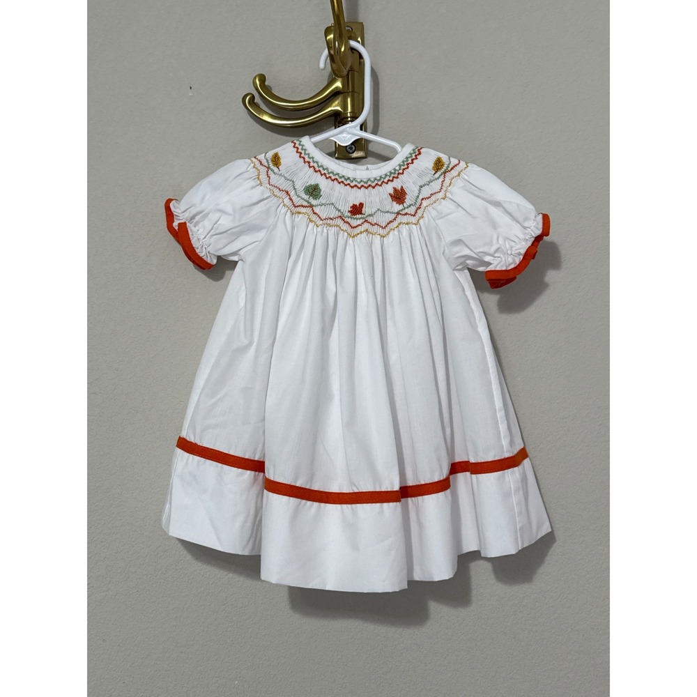 Best Dressed Child Smocked Leaf Dress Baby Girl 6M White Orange Fall Autumn